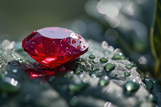 Foto gemma di rubino rosso su foglia