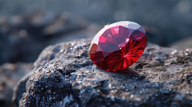 Red Ruby gemstone Round Cut on stone background close up shot