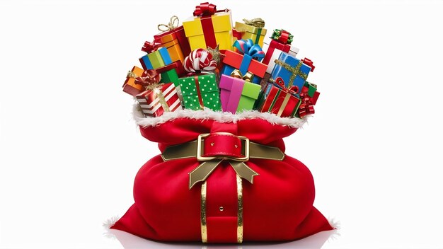 Red sack of gifts standing on white background