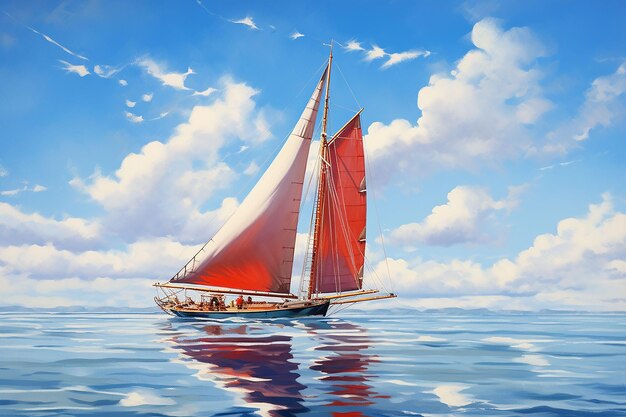 Red sail reflection sailing boat in the sea 3d illustration vintage style