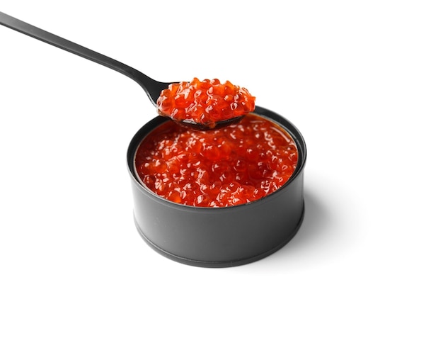 Red salmon caviar in a black tin can on a white background