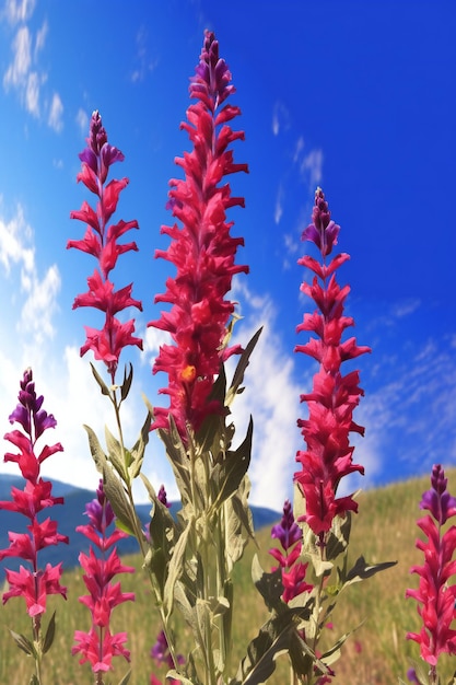 Red salvia flowers on a background of blue sky with clouds