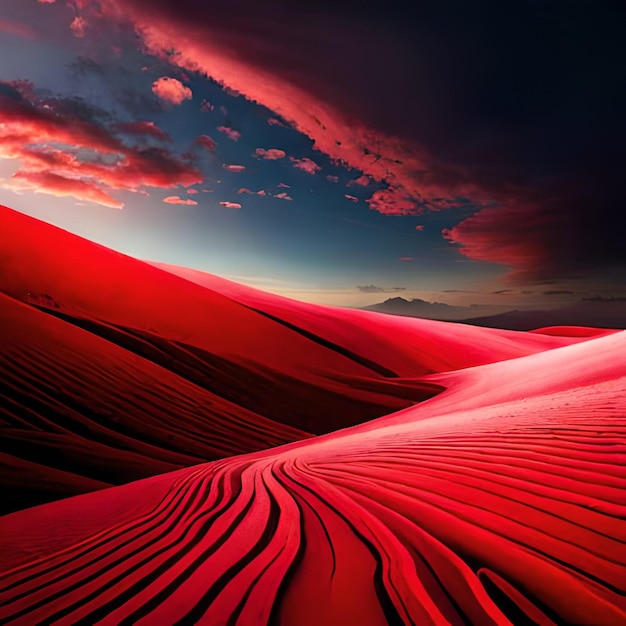 A red sand dune with a mountain in the background