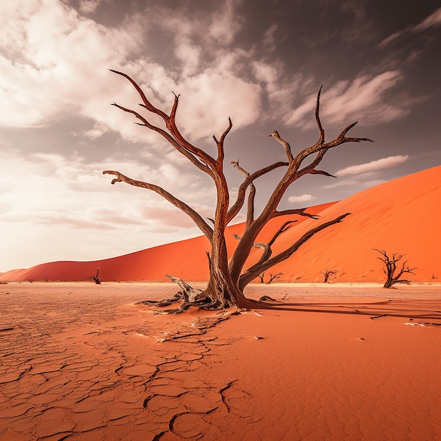 Foto dune di sabbia rossa e alberi scheletrici un paesaggio desertico