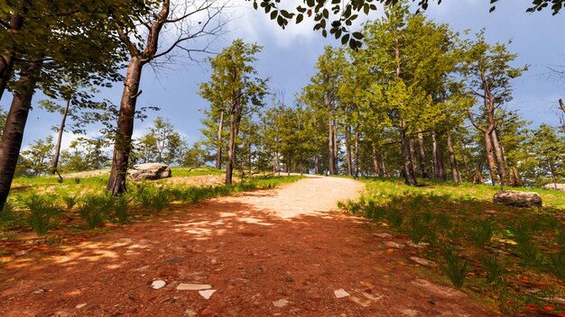 On a red sand path that runs through a virtual forest 3d render