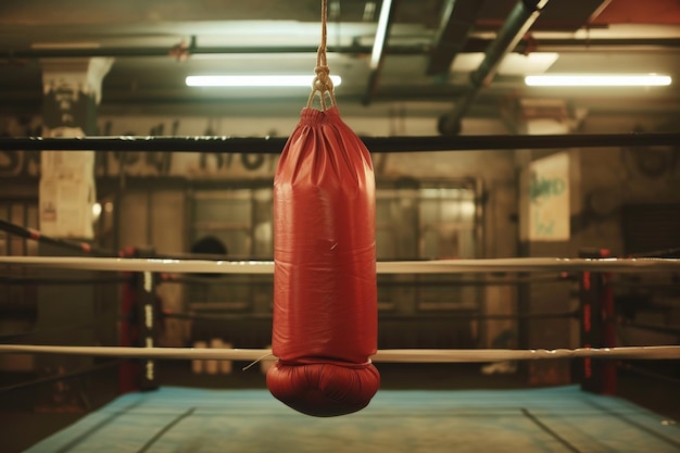 a red sandbag is hanging in front of the boxing ring in a gym