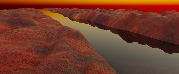 투명한 강 배경이 있는 붉은 사암 언덕