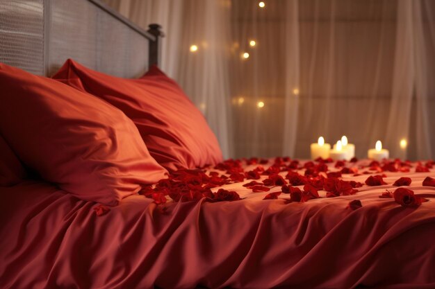 Red Satin Sheets Rose Petals and Twinkling String Lights