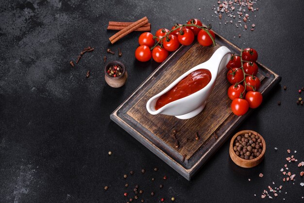 Red sauce or ketchup in a bowl and ingredients for cooking