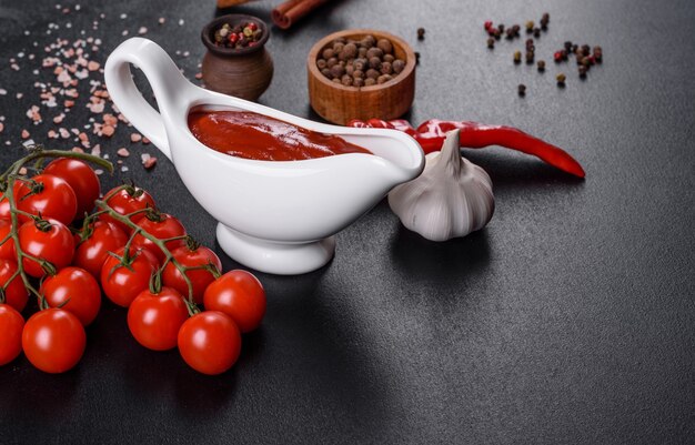 Красный соус или кетчуп в миске и ингредиенты для приготовления