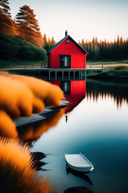 A red scandinavian house by the lake