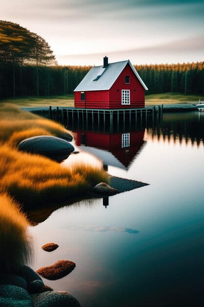 Photo a red scandinavian house by the water