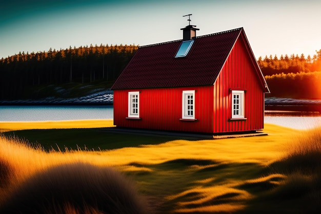 A red scandinavian house in iceland with a green field in the background