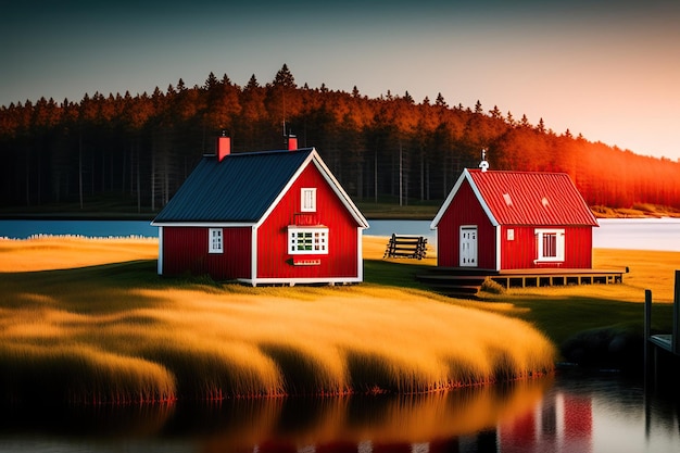 A red scandinavian house in the middle of a lake