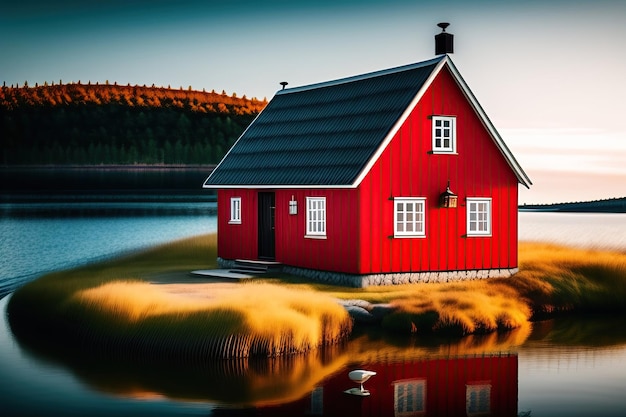 A red scandinavian house with a lake in the background