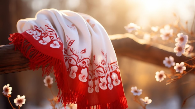 Фото Красный шарф с белыми цветами