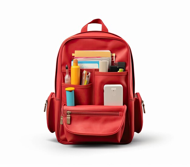 Red school backpack full of school supplies on isolated background