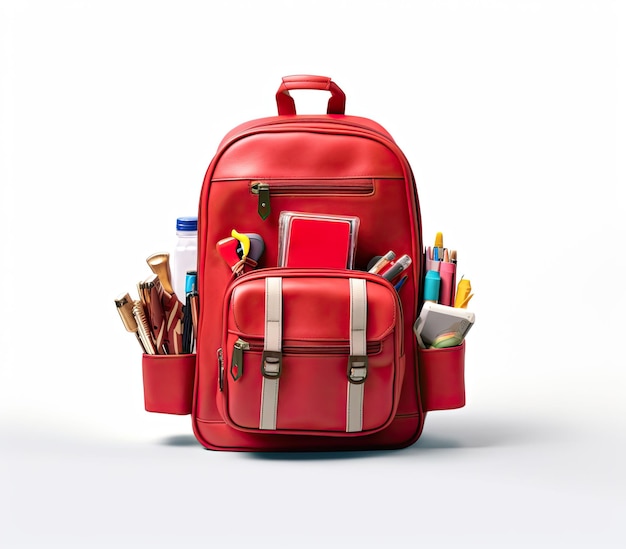 孤立した背景の学校用品に満ちた赤い学校のバックパック