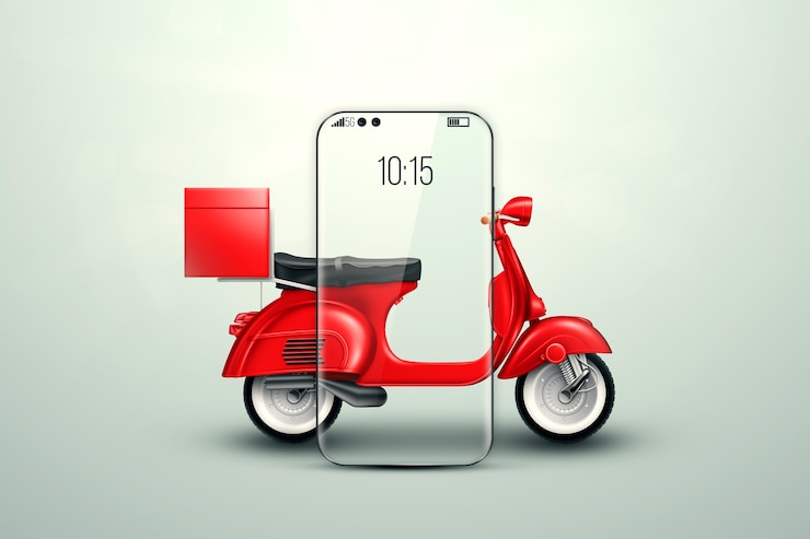 Photo red scooter drives out of the smartphone on a light background. delivery concept, online ordering, food delivery, last mile. 3d illustration, 3d render.