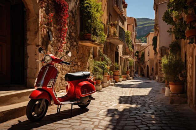 Photo red scooter on european historical streets generative ia