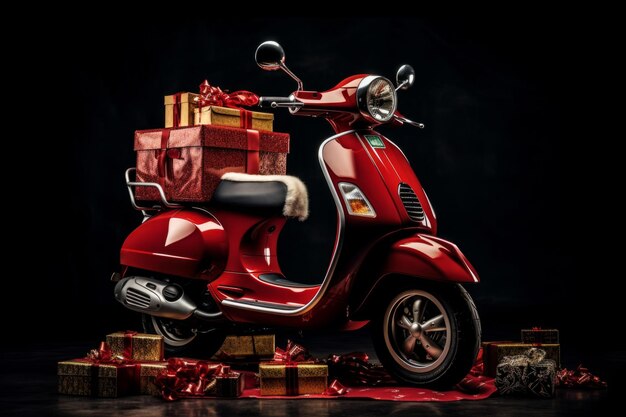 Photo red scooter with christmas gift box side view delivery concept isolated model on black background