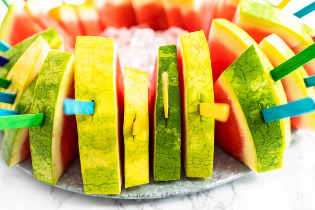 Red seedless watermelon slice popsicles for kids.