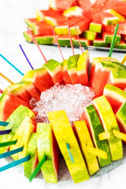 Red seedless watermelon slice popsicles for kids.