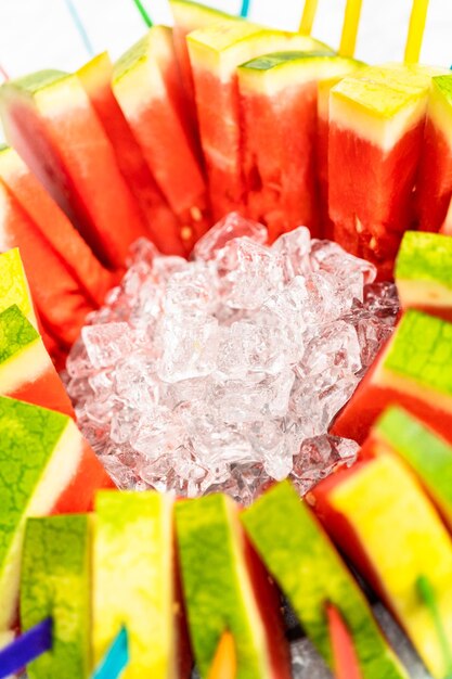 Red seedless watermelon slice popsicles for kids.