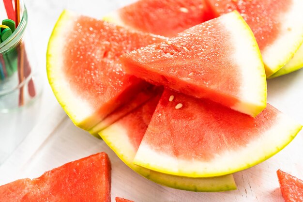 Red seedless watermelon slice popsicles for kids.