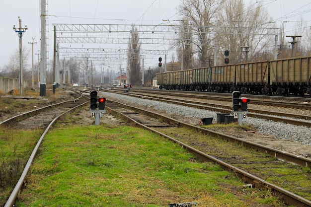 Red semaphore signal on the railway