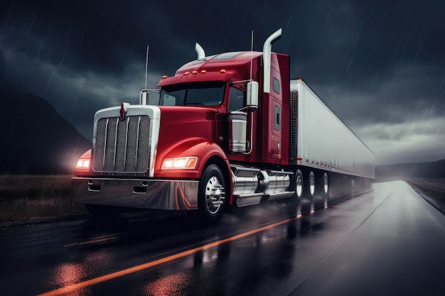 Photo a red semi truck drives down a wet road creating spray from the rainwater red big rig commercial semi truck transporting cargo in dry van semi trailer running on the wet turning road ai generated