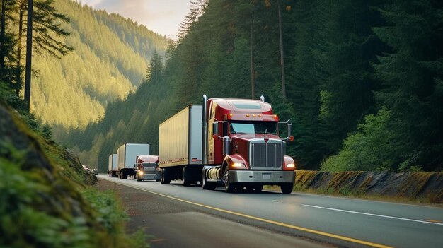 Photo a red semi truck driving down a road next to a forest