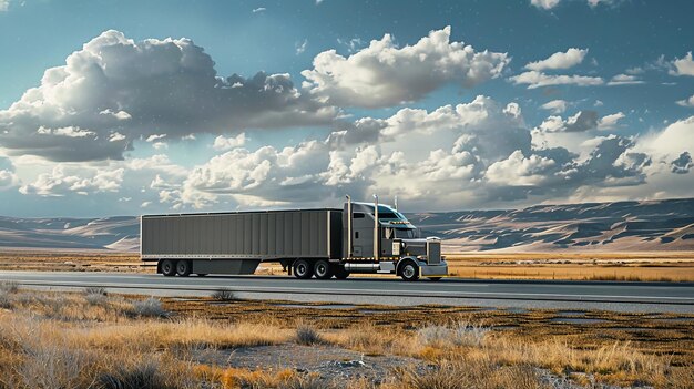 A red semi truck with a cargo semitrailer is driving down a highway