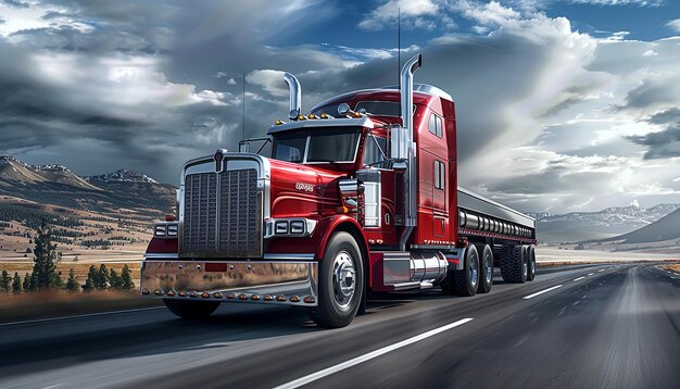 a red semi truck with a cloudy sky in the background