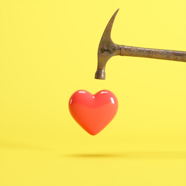 Cuore rosso a forma di galleggiante con martello d'oro e chiodi di aderenza su sfondo giallo minimal valentine concept idea 3d render