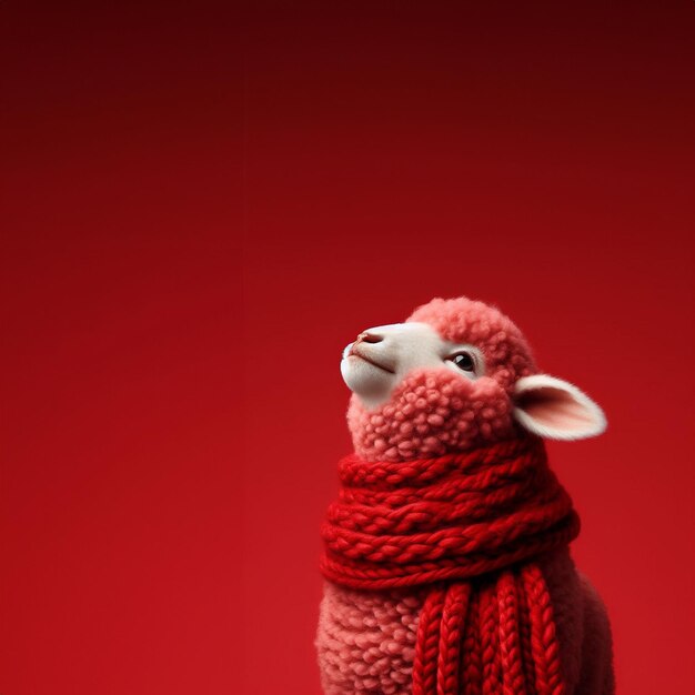 Photo red sheep in a chunky scarf elevation angle joyful and optimistic