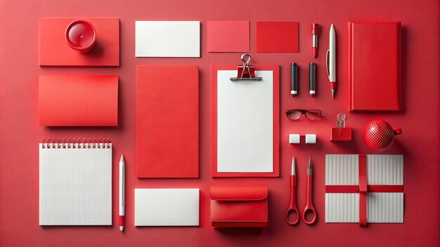a red shelf with various items including a red pen scissors and other items
