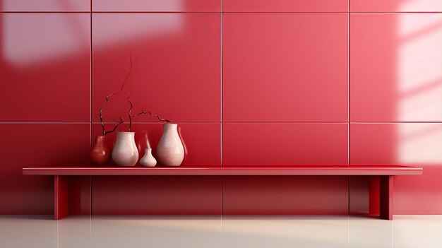 A red shelf with vases on it