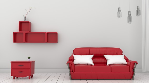 Red shelves on the white wall. 3D rendering