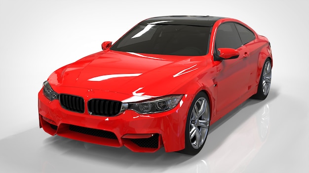 クーペの赤い光沢のあるスポーツカー。 3Dレンダリング。