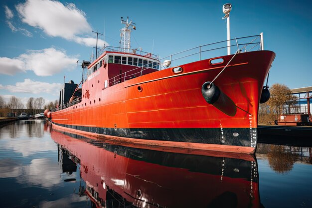 Photo a red ship is docked in the harbor.