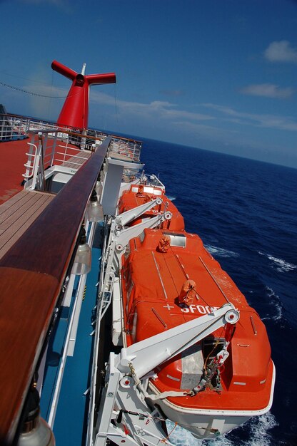 Red ship in sea against sky