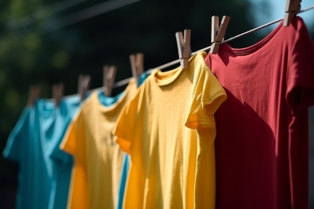 A red shirt hangs on a clothesline