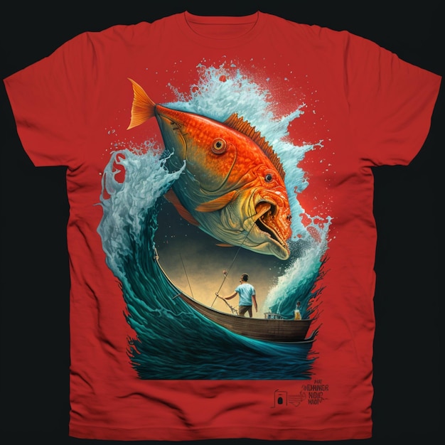 A red shirt with a fish on it that says " fish " on it.