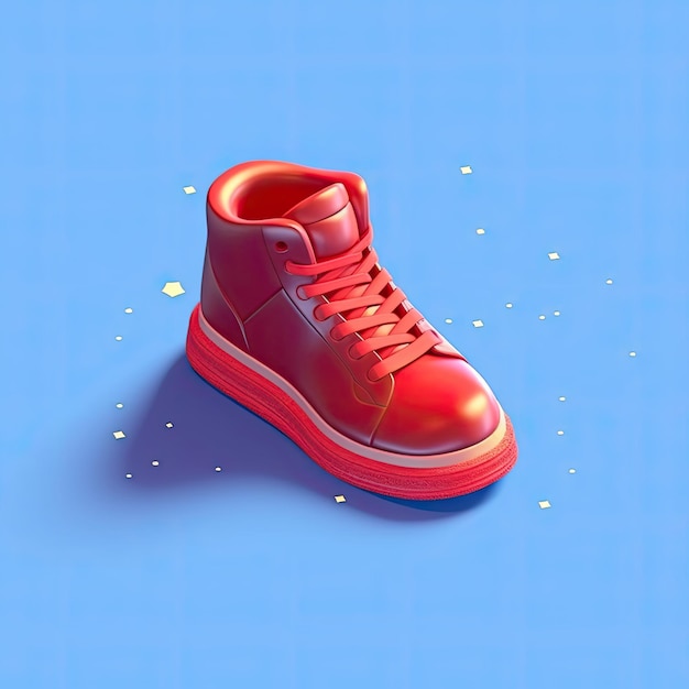 A red shoe with a red laces sits on a blue background.