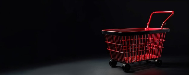 Red shopping cart on black background banner header with copy space Black Friday and Cyber Monday concept shopping sale discount AI generated