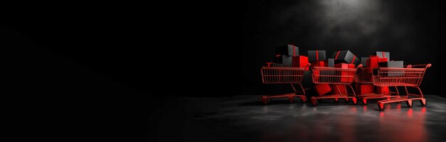 Red shopping cart with black gift box on black background banner header with copy space black friday