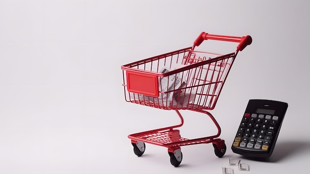 A red shopping cart with a black remote next to it.