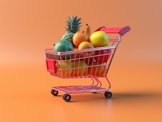 A red shopping cart with fruits in it