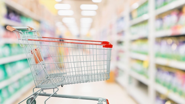 red shopping cart with supermarket aisle and product shelves interior defocused background